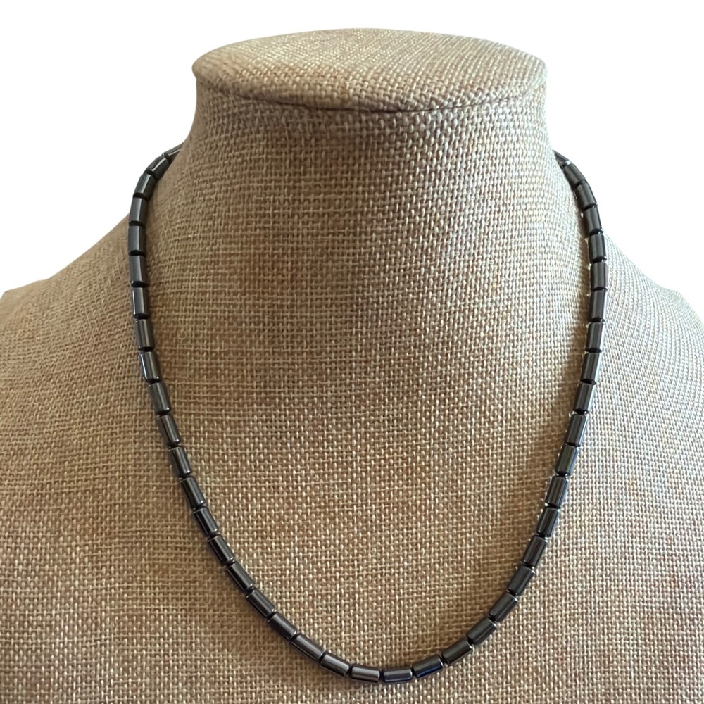 Hematite Beaded Necklace Gunmetal Gray Cylindrical Tube Stone Strand 17 Inch